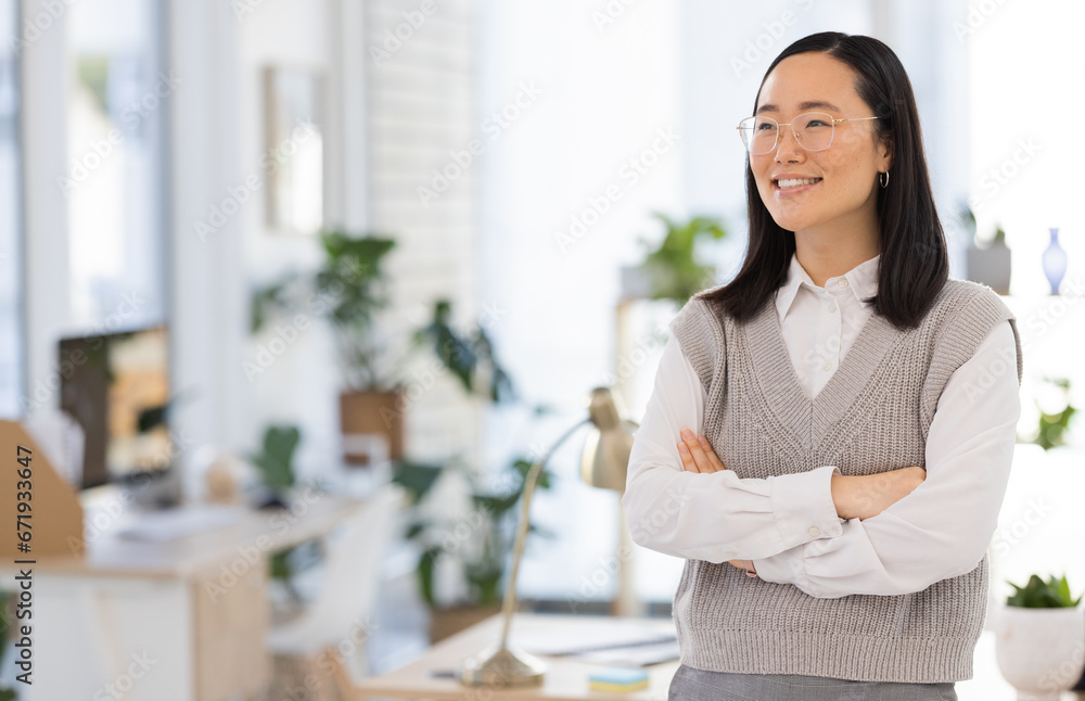 Vision, thinking and confidence of a woman with arms crossed for business and corporate. Management, mockup and Asian employee smiling for an idea, success and contemplation with space in office
