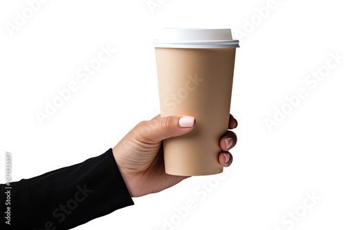 Hand holding paper coffee cup cut out transparent isolated on white background  PNG file.