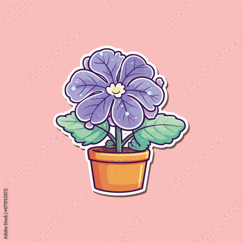 african violet plant sticker. kawaii cartoon illustration