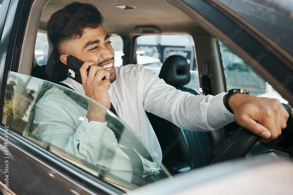 Phone call, driving and man with a smile, communication and cheerful with connection, network and talking. Driver, male person and guy with a smartphone, travel and joy with contact and happiness