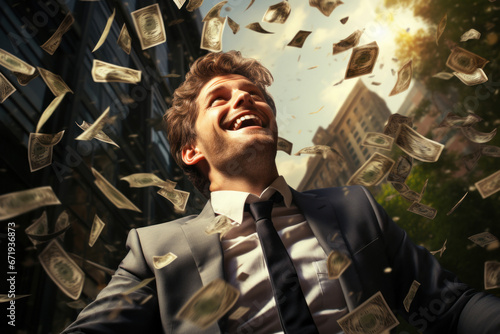 Happy man throwing money into air on street, businessman and dol