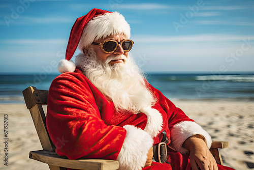 Cool Santa Claus with sunglasses at the beach. He must be sweating in his thick clothes. © Simon