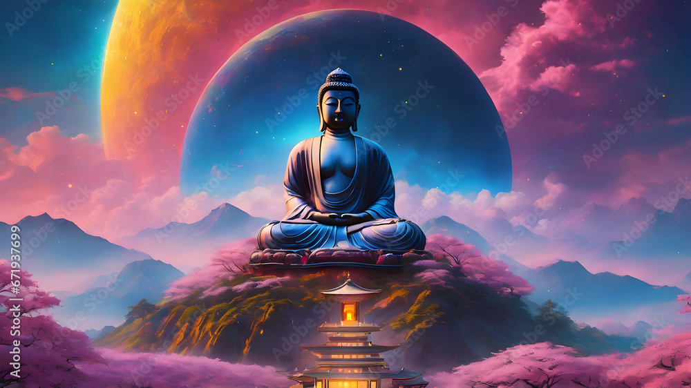 statue of buddha in the sunset - obrazy, fototapety, plakaty 