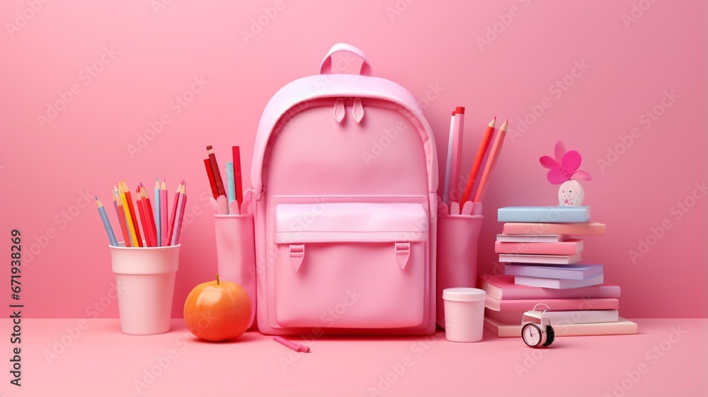 school accessories on pink background with clock back to school generated by AI tool school accessories on pink background with clock back to school generated by AI tool