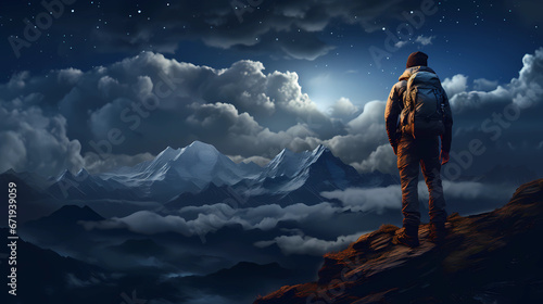 an adventurer under a starry night sky