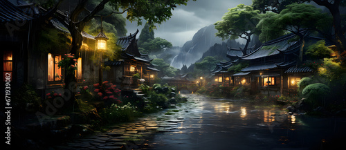 A serene Chinese village with old buildings red lanterns and a reflective river 12