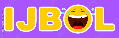 Acronym IJBOL with letter O as laughing emoji on purple background, vector illustration. Banner design