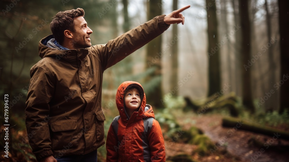 Father and son in the forest, father showing his child the forest