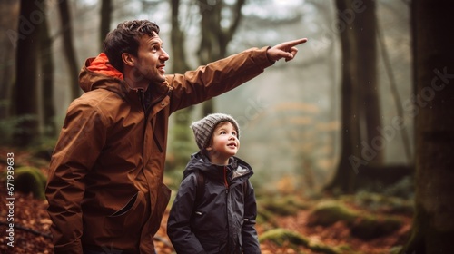 Father points to an empty area in the forest. Father tells the child to look at the forest. Father teaches the child to learn about nature.