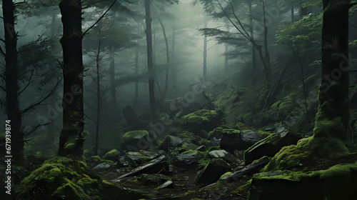 a dense forest shrouded in mist