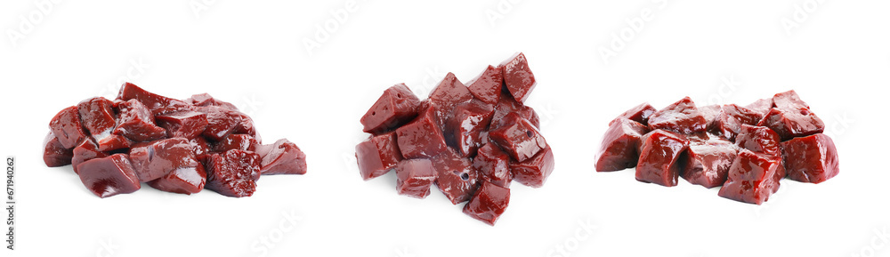 Pieces of raw beef liver isolated on white, set Pieces of raw beef liver isolated on white, set