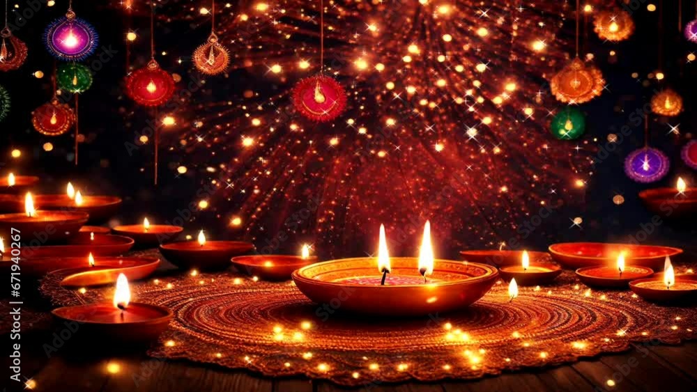 Candle light at Diwali celebration with decorative lighting trinkets. 4K time-lapse fantasy style animated video background. Candle light at Diwali celebration with decorative lighting trinkets. 4K time-lapse fantasy style animated video background.