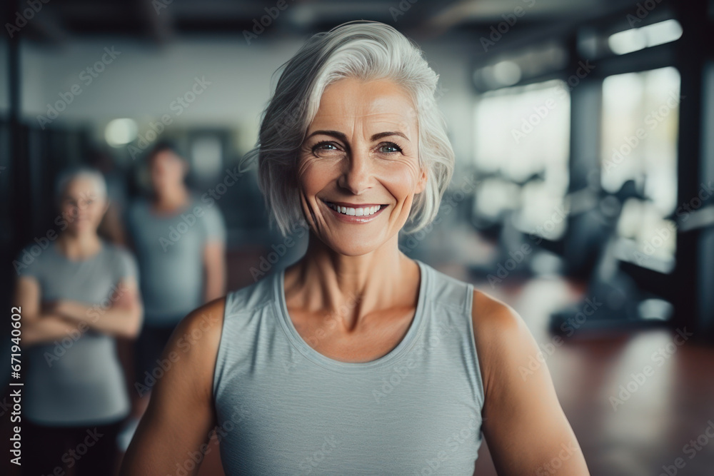 Diverse collection of people of different cultures and ages exercising in a fitness studio. Smiling women from different cultural backgrounds come to work out at the fitness studio, showing diversity.