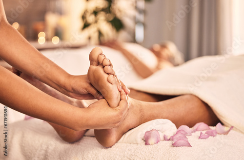 Foot, massage or closeup of spa therapist in acupressure service, luxury wellness and relax for circulation therapy. Feet, client or hands of beautician at salon for pedicure, skincare or reflexology