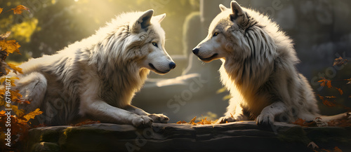 The male and female wolves look at each other in the forest 5