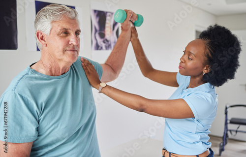 Obraz na plátně Senior man, physiotherapy and dumbbells with black woman for help in clinic workout for wellness