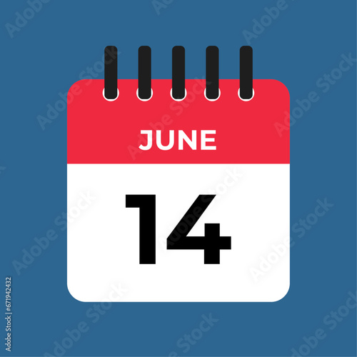 june 14 alendar reminder. 14 june daily calendar icon template. Calendar 14 june icon Design template. Vector illustration