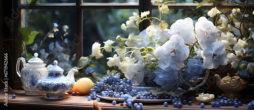Early morning window sill with blue flowers and crystal teacups 4