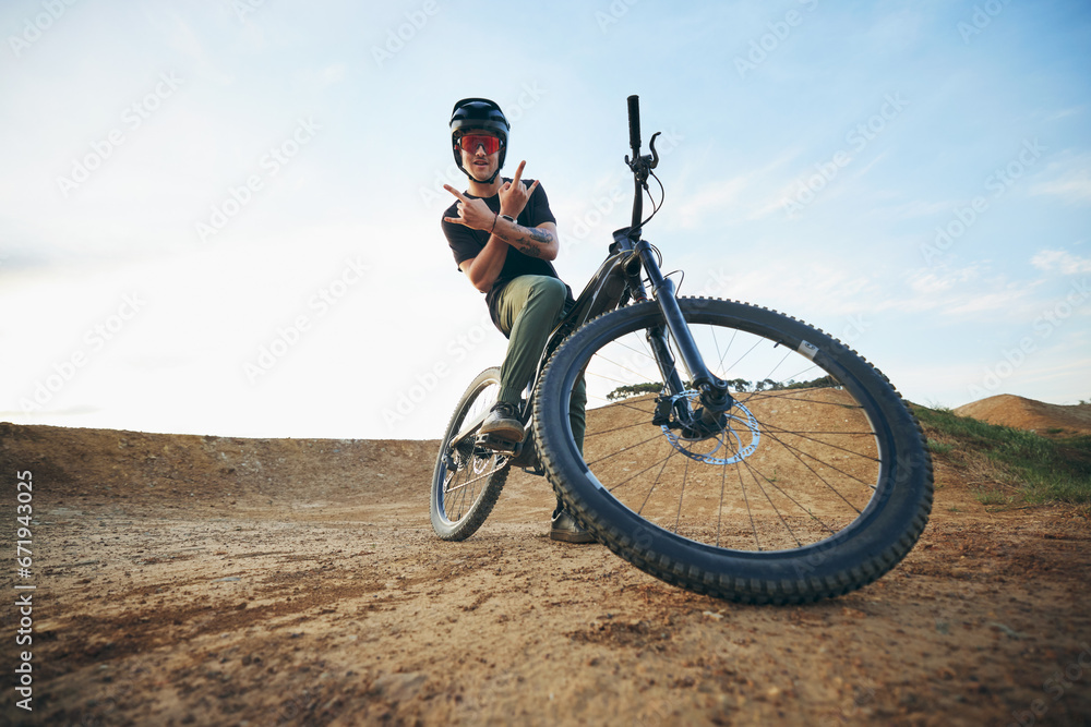 Mountain bike, portrait and with man shaka hand sign on path for extreme sports, happiness and excited mockup. Dirt biking, bicycle and person on trail, track or road space for cycling trick athlete. Mountain bike, portrait and with man shaka hand sign on path for extreme sports, happiness and excited mockup. Dirt biking, bicycle and person on trail, track or road space for cycling trick athlete.
