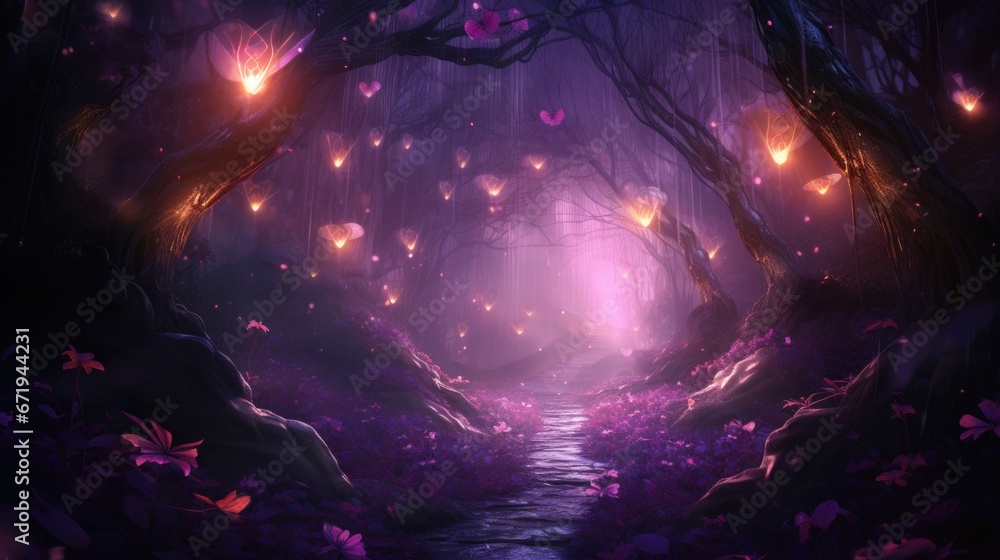 Luminous pink orbs light up stone path in mystical woods. Surreal landscapes.
