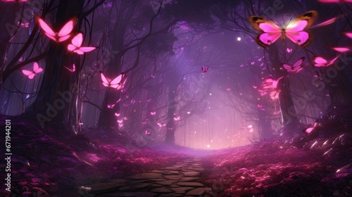 Dreamy forest pathway surrounded by illuminated flowers and trees. Ethereal landscapes. © Postproduction