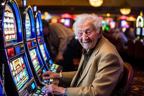 Happy senior man with gray hair immersed in playing slot machines while sitting in casino. Pensioner concentrated on playing slot machines smiles winning money in casino.
