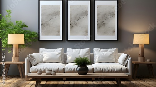 a white sofa and two black wooden tables and blank frames mockup, in the style of uhd image, albert joseph moore, black and beige, quadratura, minimalist strokes, solarizing master, mirror photo