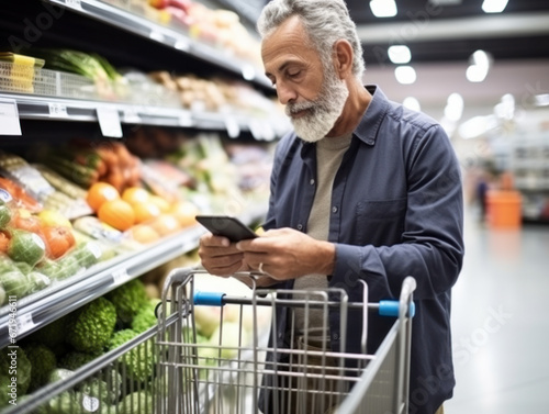 Obraz na płótnie A man uses her smartphone to check his purchase list in a supermarket w salonie