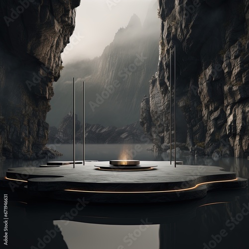 Abstract minimal concept. Dark background with natural granite stones podium on water and smoke surrounding. Mock up template for product presentation. 3D rendering