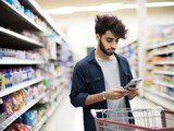 A man uses her smartphone to check his purchase list in a supermarket