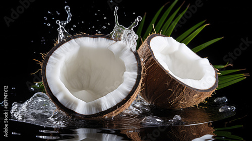 Coconut Broken Open with Splashing Water On Black Background Juice
