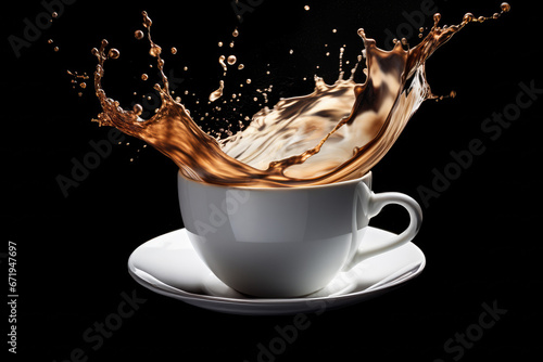 Coffee Cappuccino Espresso Splashing Out of White Mug On Black Background