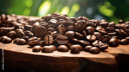 Fresh Coffee Beans in a Pile on Wood and Green Background in Nature