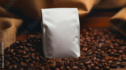 Blank White Coffee Bag With Coffee Beans Background For Product Or Logo Mockup