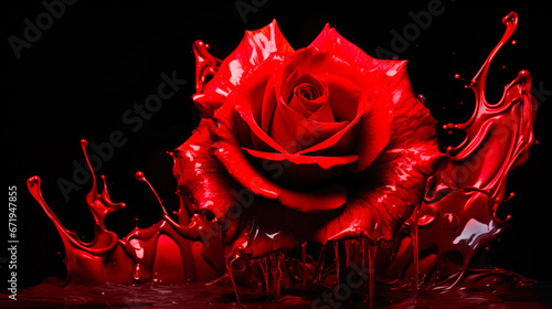 Red rose with splashing red paint liquid