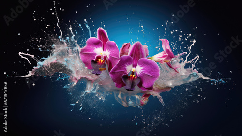 Orchids on Dark Background with Splashing Water Paint