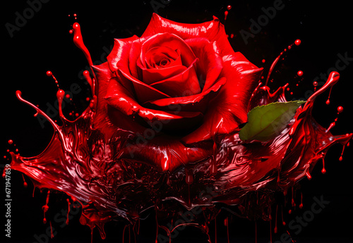 Elegant Red Rose Splashing Red Paint on Dark Background 