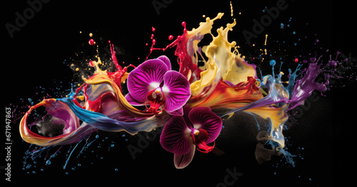 Orchids on Dark Background with Splashing Colorful Paint