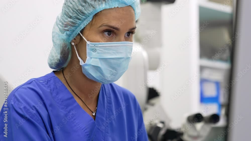 Face of female doctor in mask and cap having a focused look. Neurologist using computer close up portrait. Face of female doctor in mask and cap having a focused look. Neurologist using computer close up portrait.