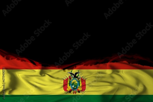 selective focus, wavy textile flag of Bolivia with copy space for your text or image and black background 3D illustration photo