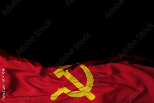 Big wavy communist flag on red background textile fabric. copy space for your text or image and black background 3D illustration photo