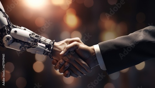 Handshake between human businessmen and robot android in the city background. © Virtual Art Studio