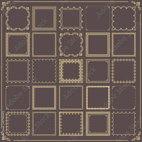Vintage set of elements. Brown and golden square elements for decoration and design frames, cards, menus, backgrounds. Classic patterns. Set of vintage patterns