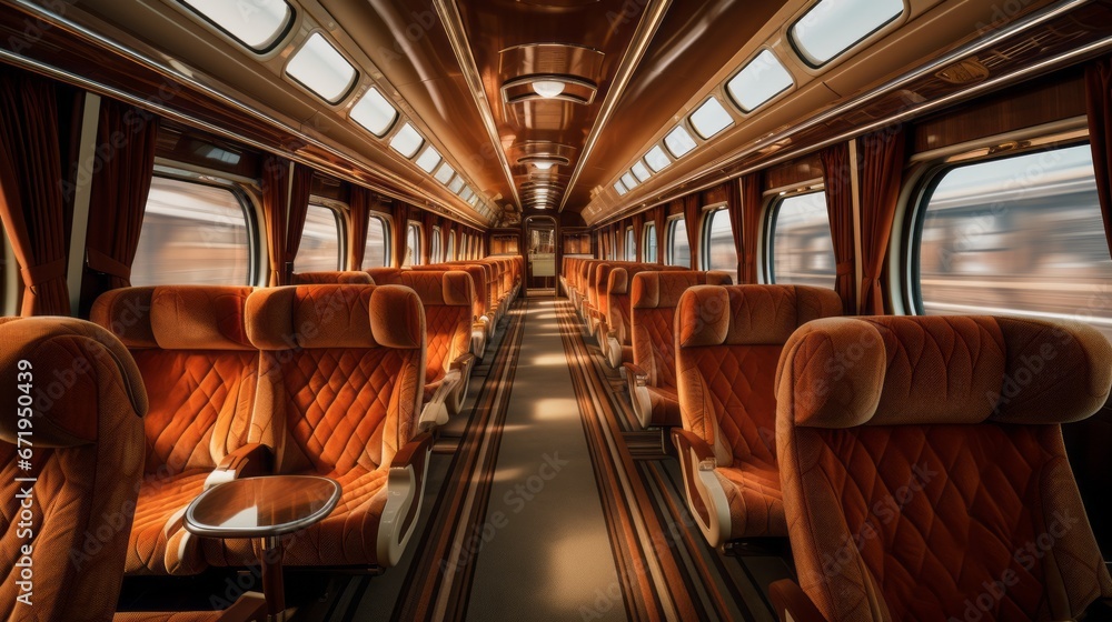 Luxurious and classic interior private train, Premium Business Class Seats for Luxury train Travel, Posh first class train Cabin; Exclusive First Class train Seating with Personal Entertainment System