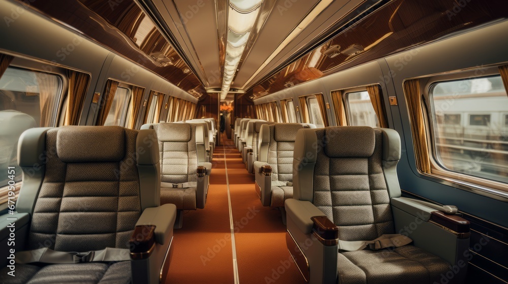 Luxurious and classic interior private train, Premium Business Class Seats for Luxury train Travel, Posh first class train Cabin; Exclusive First Class train Seating with Personal Entertainment System