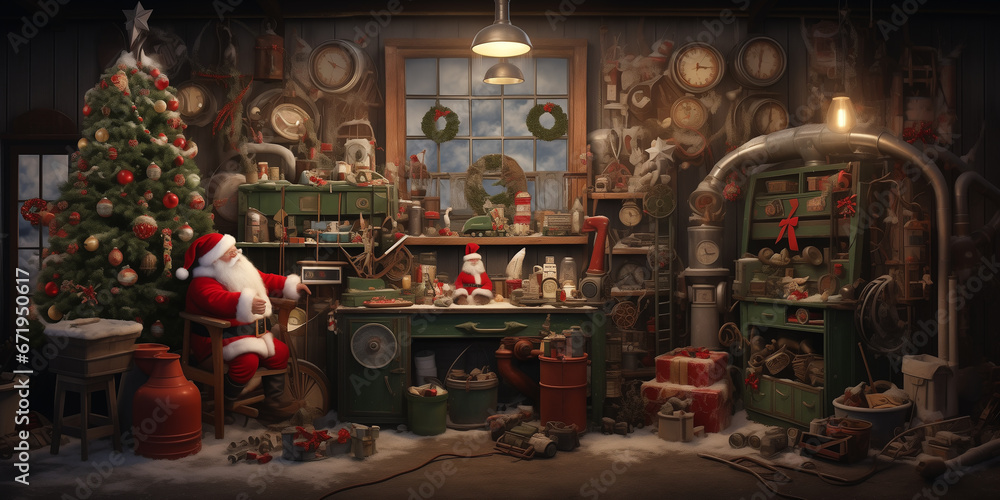 a whimsical backdrop resembling Santa's busy workshop. a whimsical backdrop resembling Santa's busy workshop.