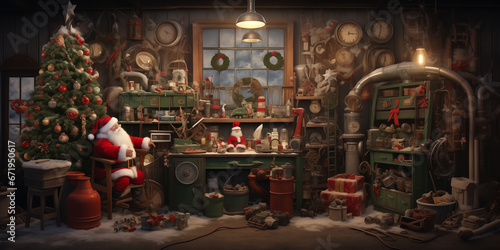 a whimsical backdrop resembling Santa's busy workshop.