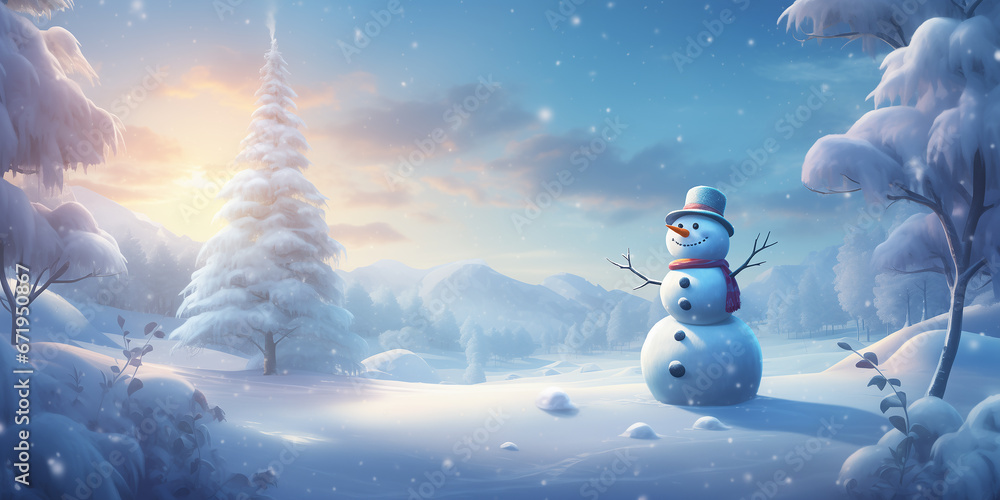 Obraz premium Create a snowman scene with the gift in a snowy landscape.