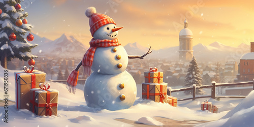 Create a snowman scene with the gift in a snowy landscape. photo