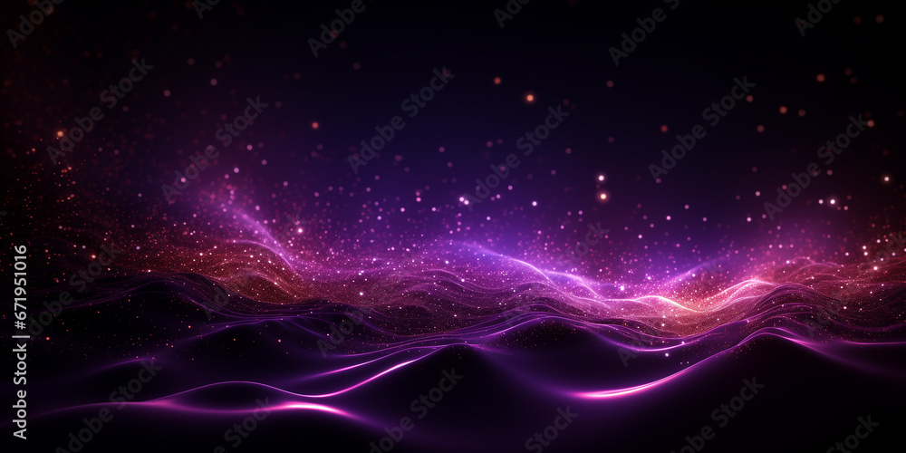 Fototapeta premium Digital purple particles wave and light abstract background with shining dots stars.
